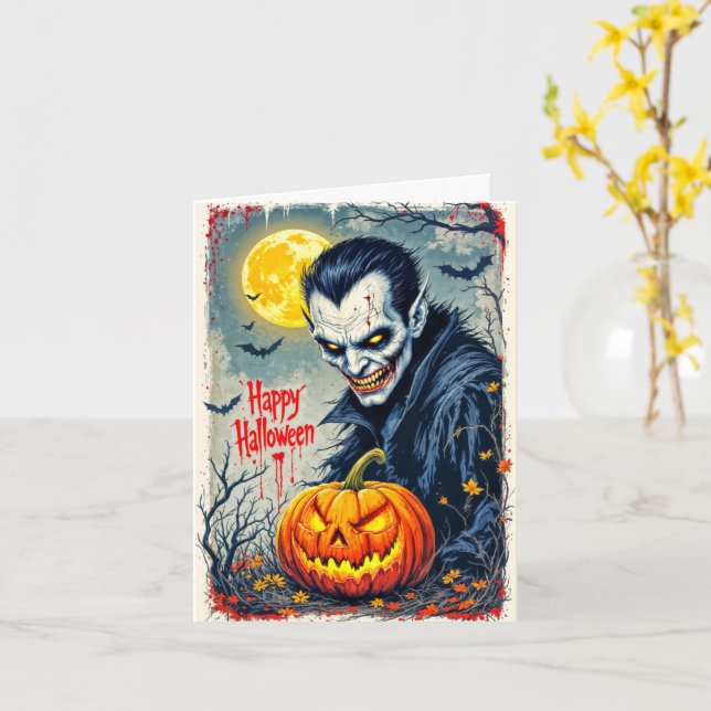 Tarjeta Espeluznante y aterrador vampiro feliz Halloween (flor amarilla)