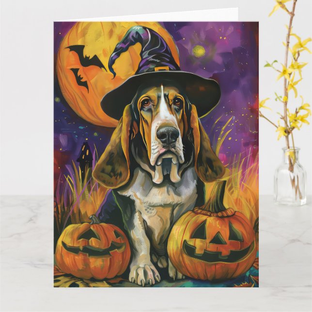 Tarjeta Espeluznantes Hound Halloween Bruja Y Calabaza (flor amarilla)