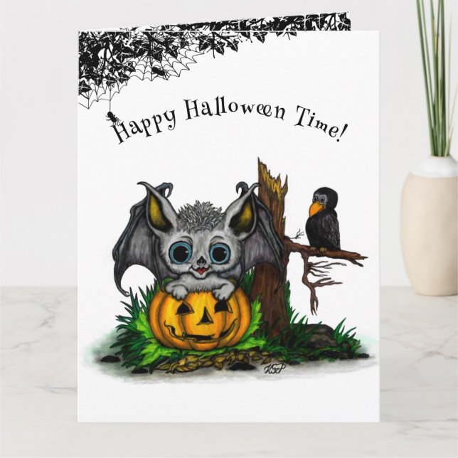 Tarjeta Esperando Halloween , Cute Bat y Raven (Anverso)