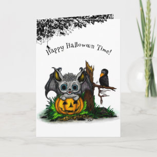 Tarjeta Esperando Halloween , Cute Bat y Raven