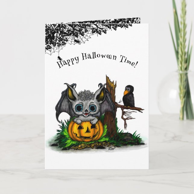 Tarjeta Esperando Halloween, Murciélago y Cuervo Lindos (Anverso)
