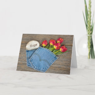 Tarjeta Esperanza tulipanes en bolsillo azul