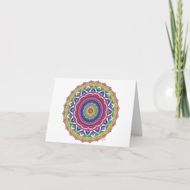 Tarjeta Espiral arcoiris y flor geométrica Mandala (Anverso)