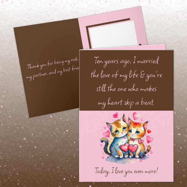 Tarjeta Esposa 10 años gatos color rosa marrón (Subido por el creador)