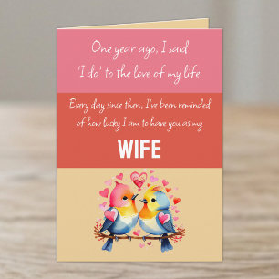Tarjeta Esposa 1er Aniversario pájaros lindos rosa rojo