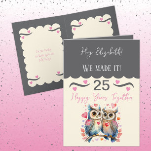 Tarjeta Esposa 25 años búho gris rosa