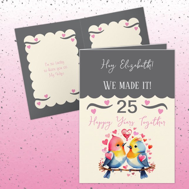 Tarjeta Esposa 25 años pájaros de color rosa gris (Subido por el creador)