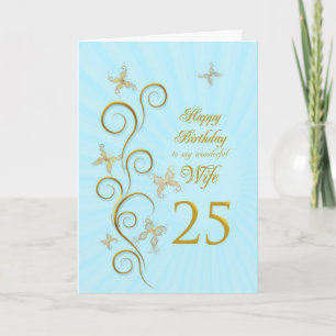 Tarjeta Esposa 25 cumpleaños con mariposas doradas