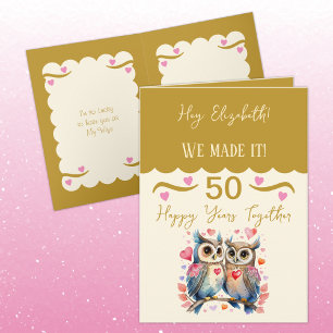 Tarjeta Esposa 50 aniversario búho oro rosado