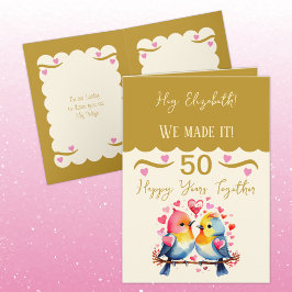 Tarjeta Esposa 50 años pájaros dorados rosa