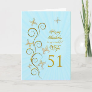 Tarjeta Esposa 51º cumpleaños con mariposas doradas