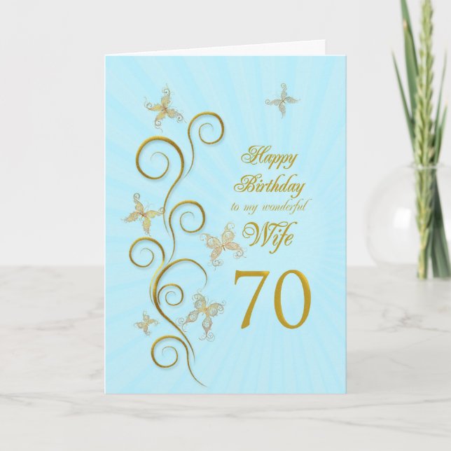 Tarjeta Esposa 70 cumpleaños con mariposas doradas (Anverso)