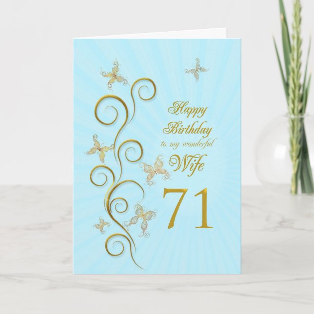 Tarjeta Esposa 71 cumpleaños con mariposas doradas (Anverso)