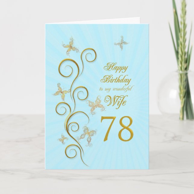 Tarjeta Esposa 78º cumpleaños con mariposas doradas (Anverso)