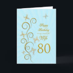 Tarjeta Esposa 80 cumpleaños con mariposas doradas<br><div class="desc">Para una esposa, cumpleaños 80 con mariposas doradas. Un desplazamiento floral con flores estilizadas y delicadas mariposas. Una increíble tarjeta de cumpleaños. Ver toda la gama de tarjetas para edades y relaciones en mi tienda. Mariposas doradas hechas de delicado trabajo de desplazamiento revolotean alrededor de esta elegante y hermosa tarjeta...</div>