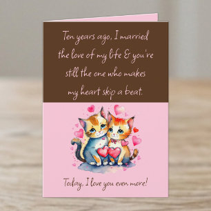 Tarjeta Esposa aniversario 10 gatos marrón rosa