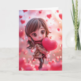 Tarjeta Esposa Chibi Hermosa Sosteniendo un Corazón