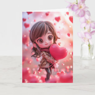 Tarjeta Esposa Chibi Hermosa Sosteniendo un Corazón