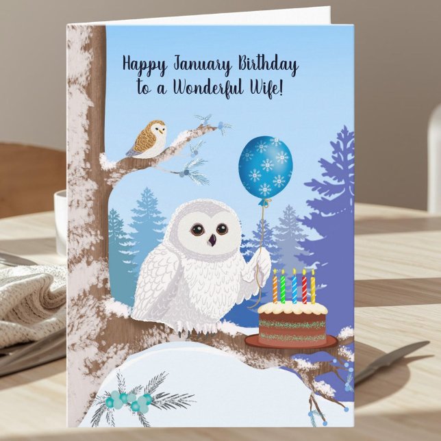 Tarjeta Esposa Feliz Cumpleaños Enero Búho de Nieve (Subido por el creador)