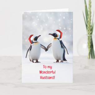 Tarjeta Esposa fiesta navideña cueva pareja de pingüinos