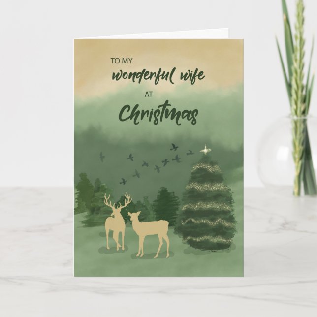 Tarjeta Esposa Navidad Paisaje Verde con árbol iluminado (Anverso)