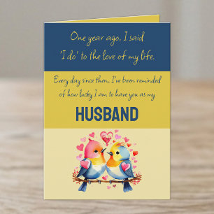 Tarjeta Esposo 1er Aniversario azul oro pájaros lindos