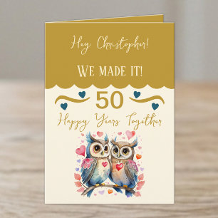 Tarjeta Esposo aniversario 50 años búhos oro azul