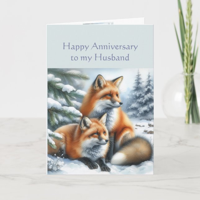 Tarjeta Esposo Feliz Aniversario Prima de Invierno Fox (Anverso)