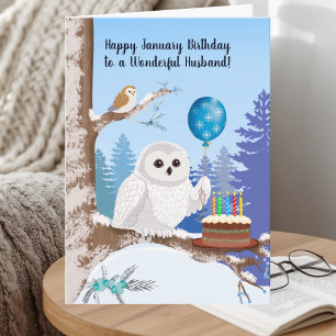 Tarjeta Esposo Feliz Cumpleaños Enero Búho de las Nieves
