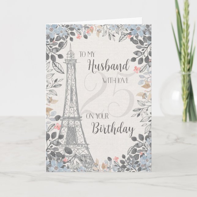Tarjeta Esposo Romántico Torre Eiffel 25º cumpleaños (Anverso)
