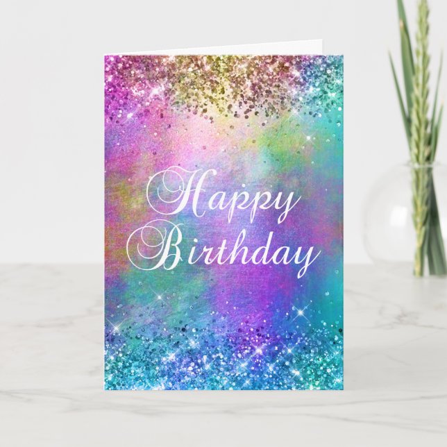 Tarjeta Espumosa sirena arcoiris Purpurina feliz cumpleaño (Anverso)