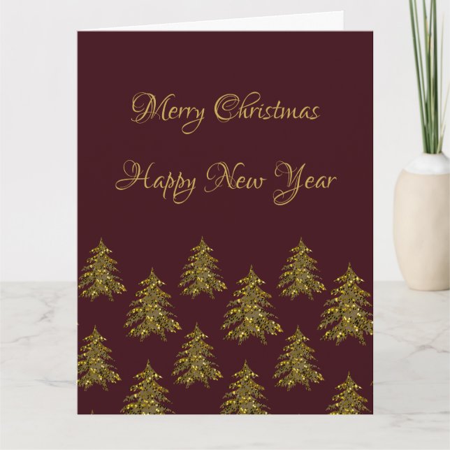 Tarjeta Espumoso árbol de Navidad dorado en Navidades rojo (Anverso)