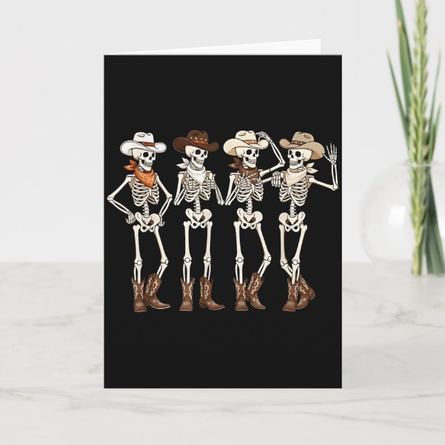 Tarjeta Esqueleto bailando caballo con botas western count (Anverso)