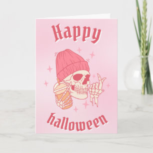 Tarjeta Esqueleto con gorro Feliz Halloween