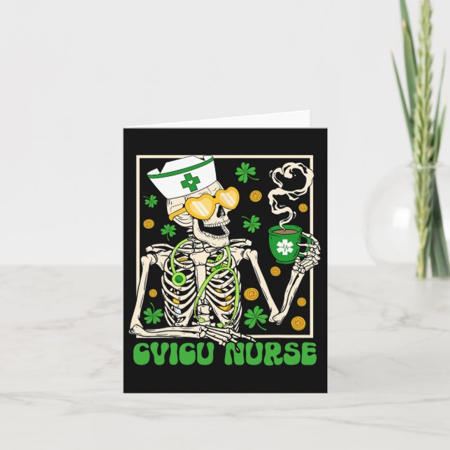 Tarjeta Esqueleto Cvicu Enfermera Café Trébol Día de San P (Anverso)