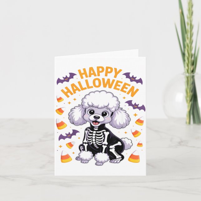 Tarjeta Esqueleto de caniche Feliz Halloween (Anverso)