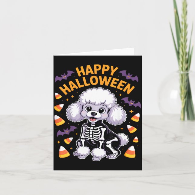 Tarjeta Esqueleto de caniche Feliz Halloween (Anverso)