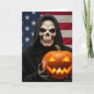 Tarjeta Esqueleto de Halloween con calabaza tallada