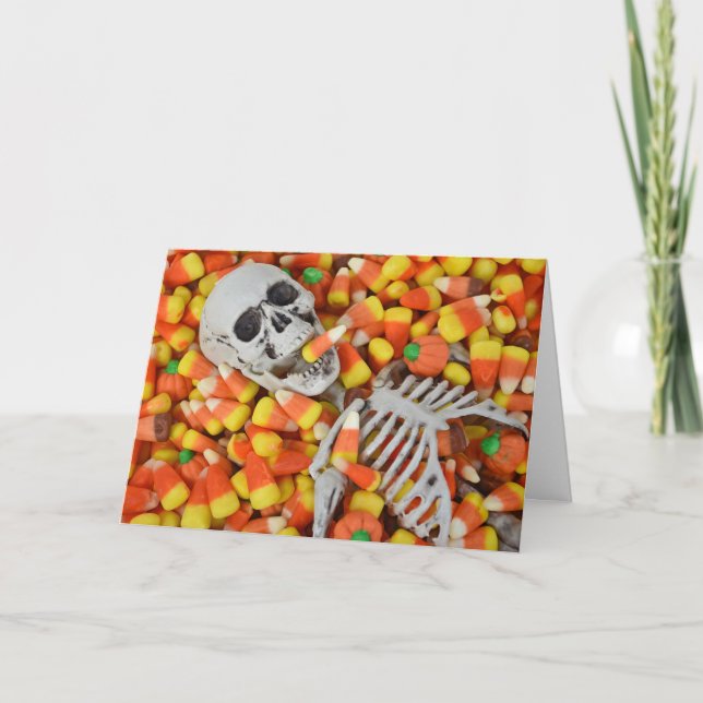 Tarjeta Esqueleto De Halloween En Candy Corn (Anverso)