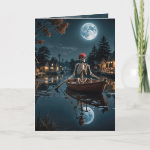 Tarjeta Esqueleto de Halloween en un bote de remos