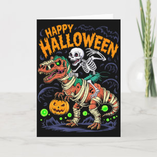 Tarjeta Esqueleto de Halloween montando un T Rex Dinosauri