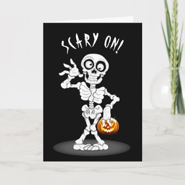 Tarjeta Esqueleto de Halloween sobre negro (Anverso)