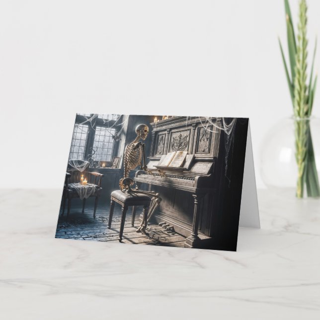 Tarjeta Esqueleto de Halloween tocando un piano (Anverso)