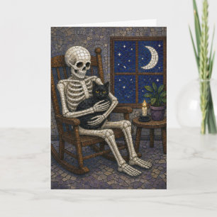 Tarjeta Esqueleto de Mosaico de Halloween con Gato Negro