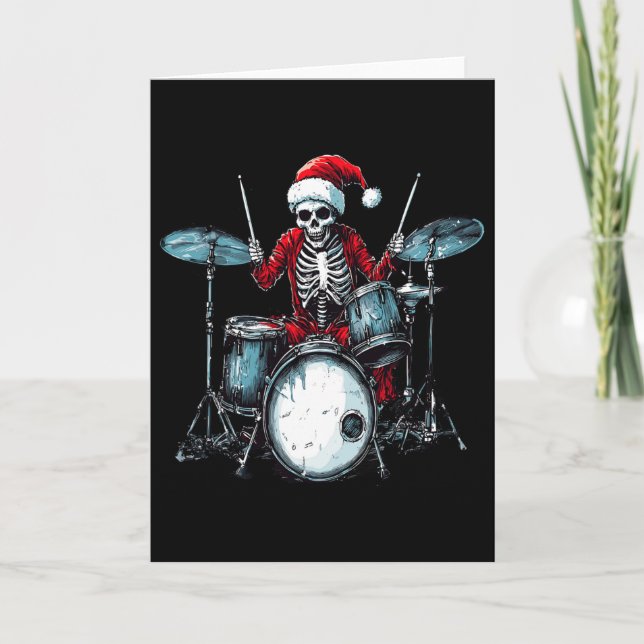 Tarjeta Esqueleto de Santa tocando tambor baterista percus (Anverso)