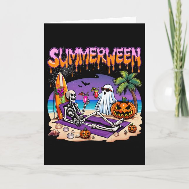Tarjeta Esqueleto de Summerween Fantasma Playa Divertido E (Anverso)