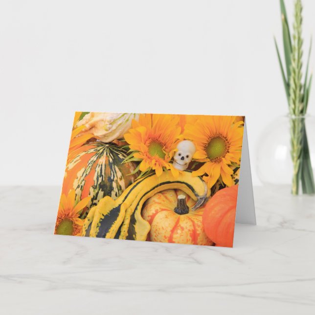 Tarjeta Esqueleto Divertido, Calabaza, Girasol, Halloween (Anverso)
