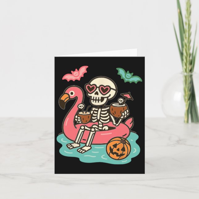 Tarjeta Esqueleto divertido de Summerween flotando en cort (Anverso)