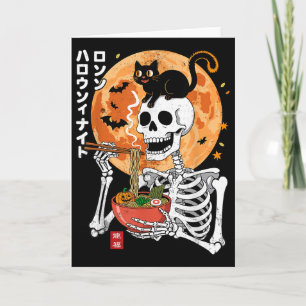 Tarjeta Esqueleto espeluznante comiendo tazón de ramen con