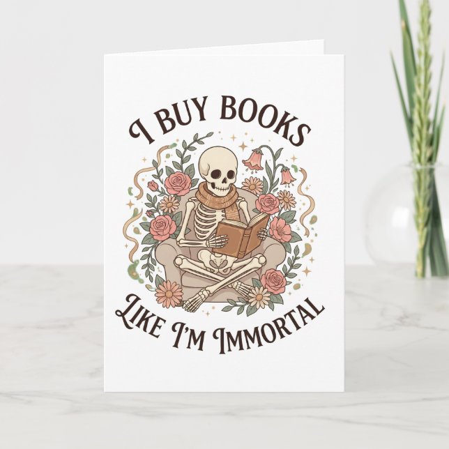 Tarjeta esqueleto floral divertido Comprar libros como si  (Anverso)